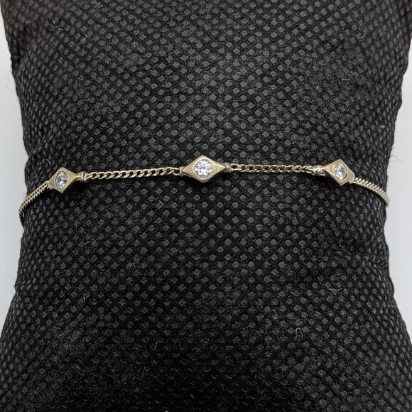 Sterling Silver 925 Thin Minimalist Geometric Chain Crystal Bracelet 1.3g 6.75in - Picture 1 of 6